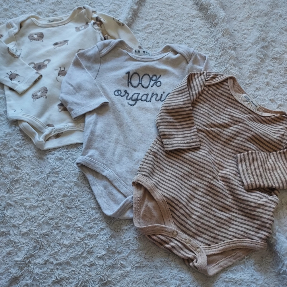 Rabbit & Bear Organic Cotton Baby Bodysuit Trio Cream Brown Neutral Bundle Fall